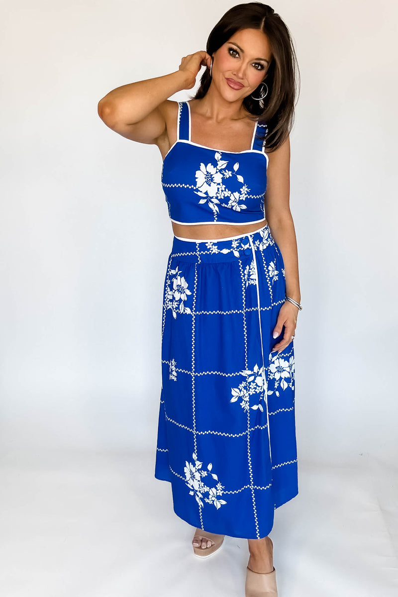 Mable Cobalt Blue Grid Floral Print Crop Top And Midi Skirt Set