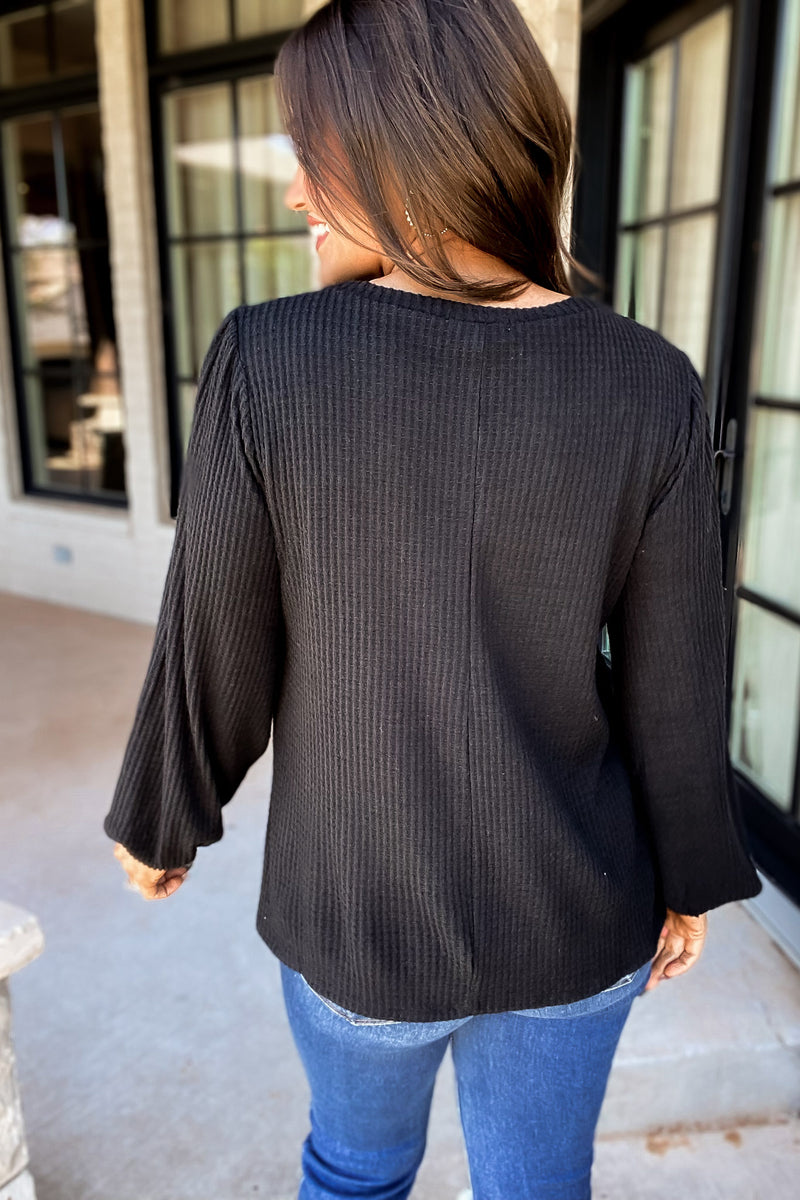 Falling Over You Black Puff Sleeved Waffle Top