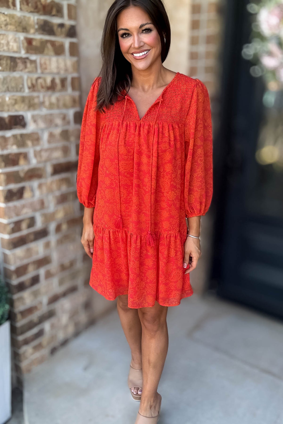 v neck tiered dress Floral Print Ruffle Mini – Stella Rae's Faux Leather Puff Sleeve Front and back V CH:India Color:BLUE PALM LEAF