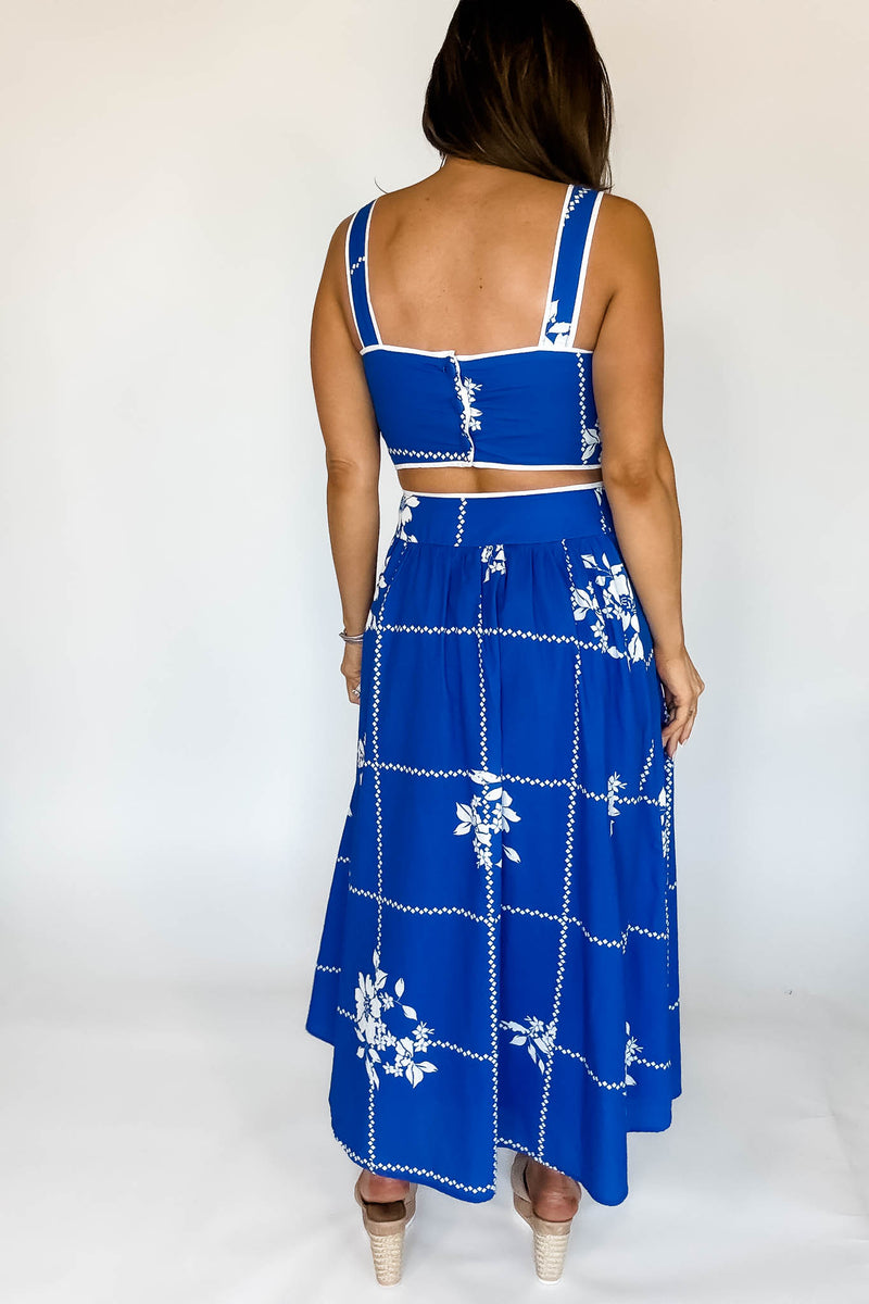 Mable Cobalt Blue Grid Floral Print Crop Top And Midi Skirt Set