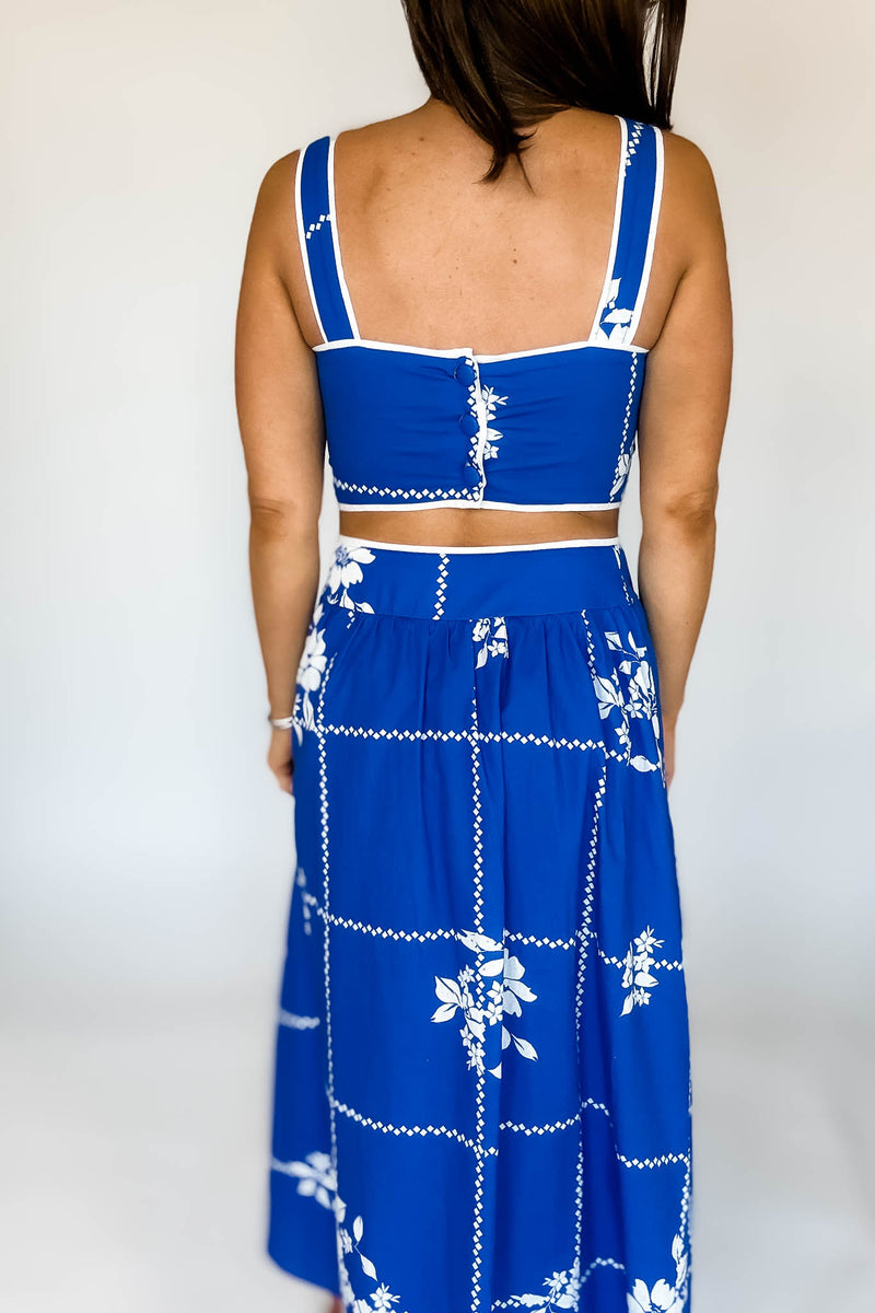 Mable Cobalt Blue Grid Floral Print Crop Top And Midi Skirt Set