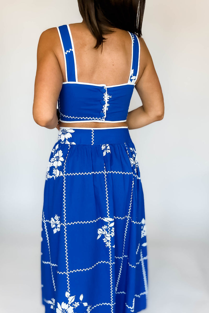 Mable Cobalt Blue Grid Floral Print Crop Top And Midi Skirt Set