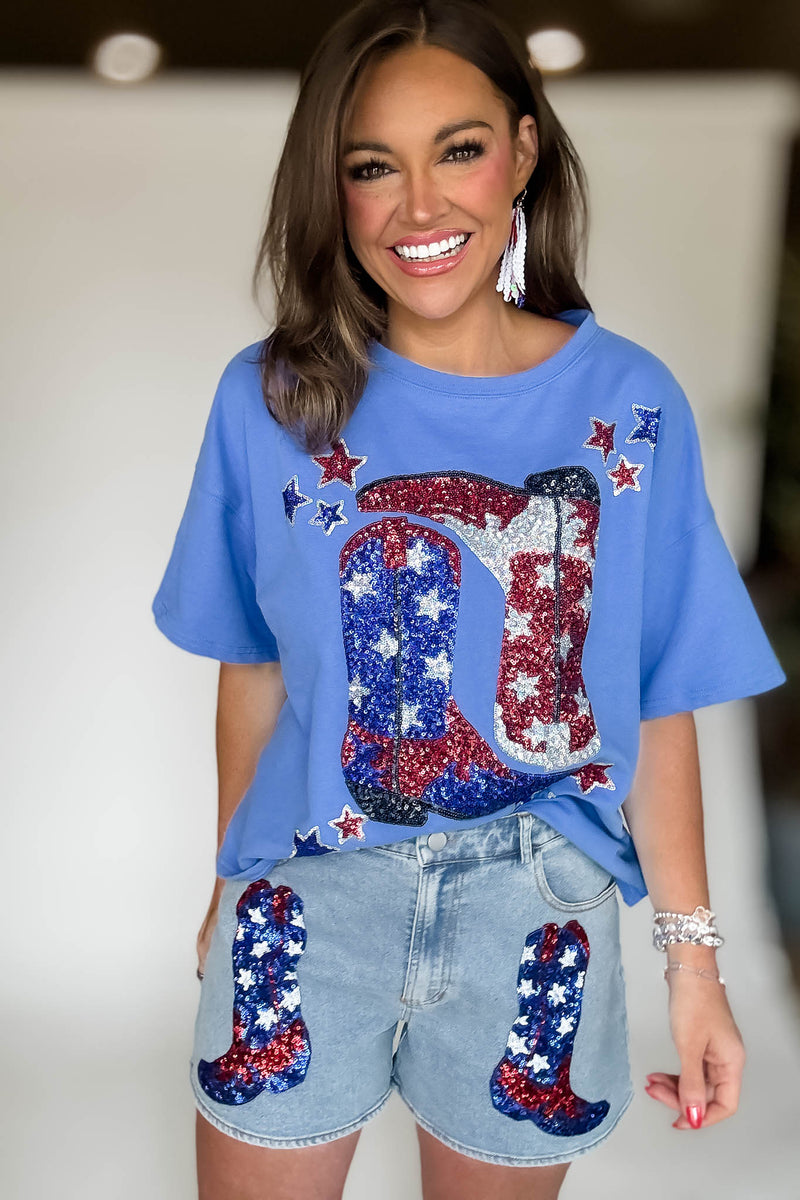 Front Pocket Graphic Sequins Patriotic Denim Short