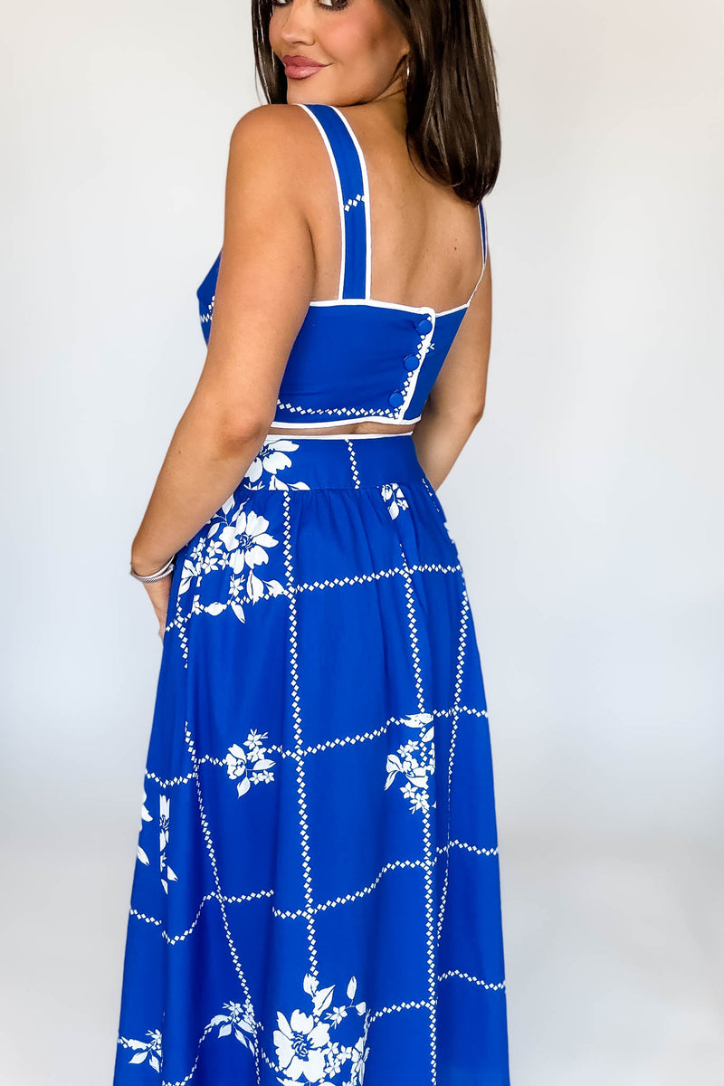 Mable Cobalt Blue Grid Floral Print Crop Top And Midi Skirt Set
