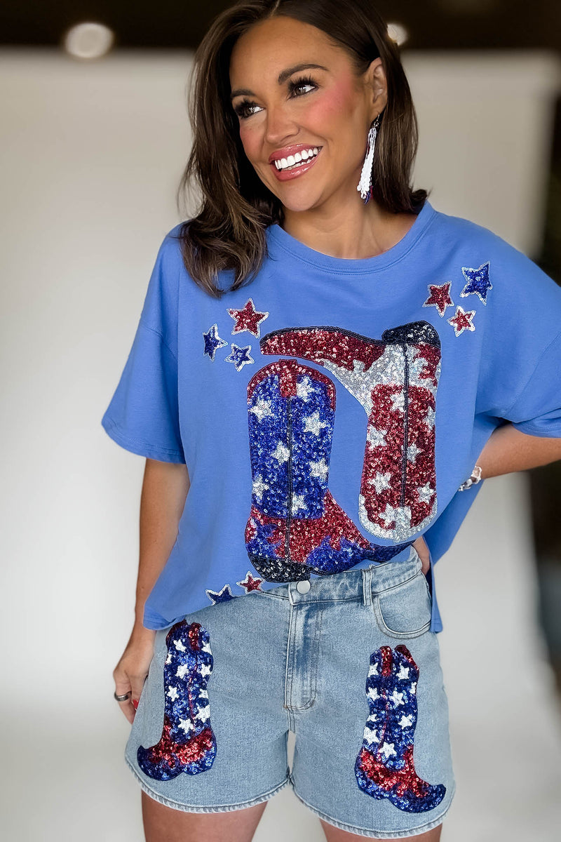 Front Pocket Graphic Sequins Patriotic Denim Short