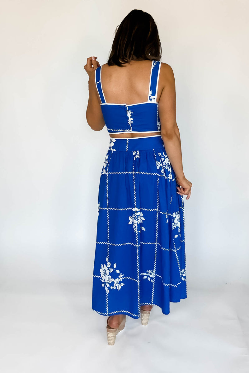 Mable Cobalt Blue Grid Floral Print Crop Top And Midi Skirt Set