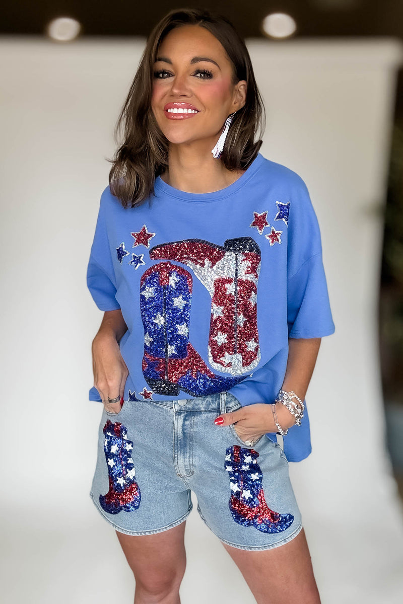 Front Pocket Graphic Sequins Patriotic Denim Short