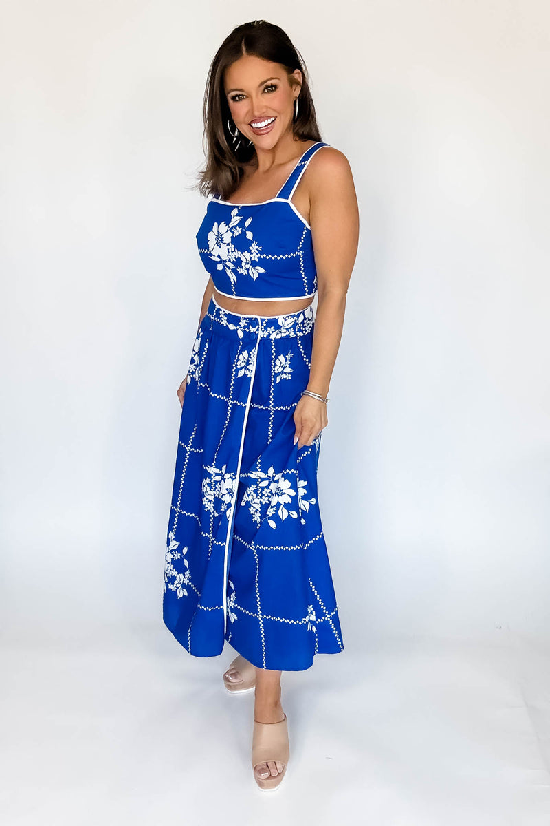 Mable Cobalt Blue Grid Floral Print Crop Top And Midi Skirt Set