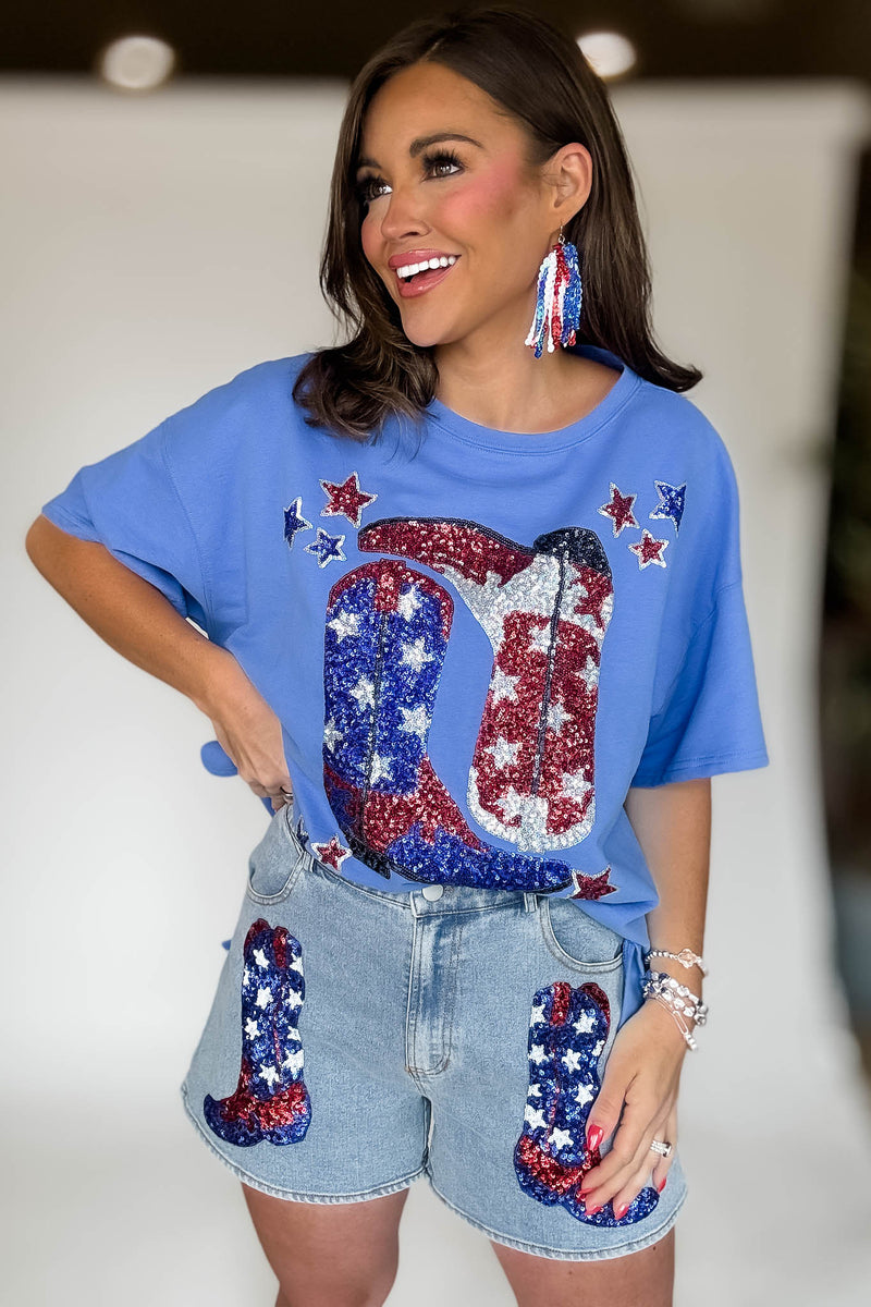 Front Pocket Graphic Sequins Patriotic Denim Short
