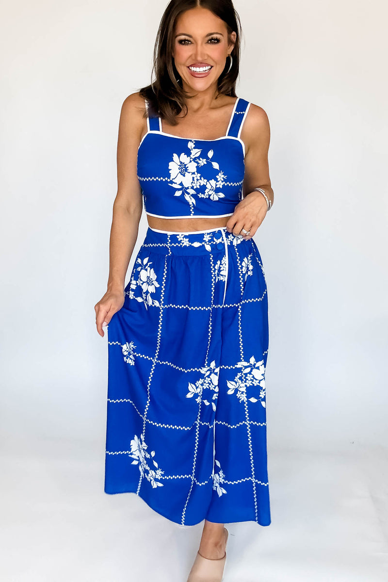 Mable Cobalt Blue Grid Floral Print Crop Top And Midi Skirt Set