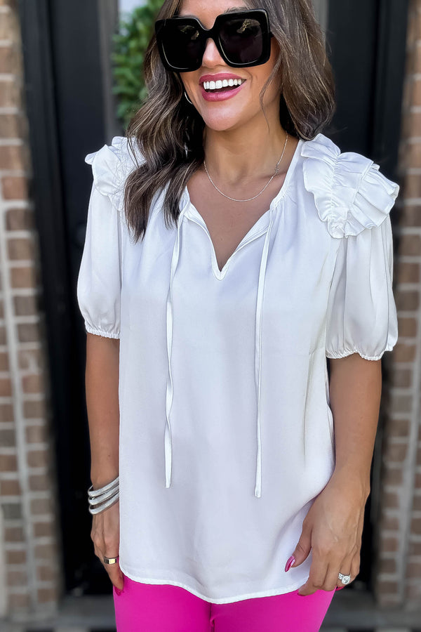 White Satin Frilled Shoulder Tie Neck Top