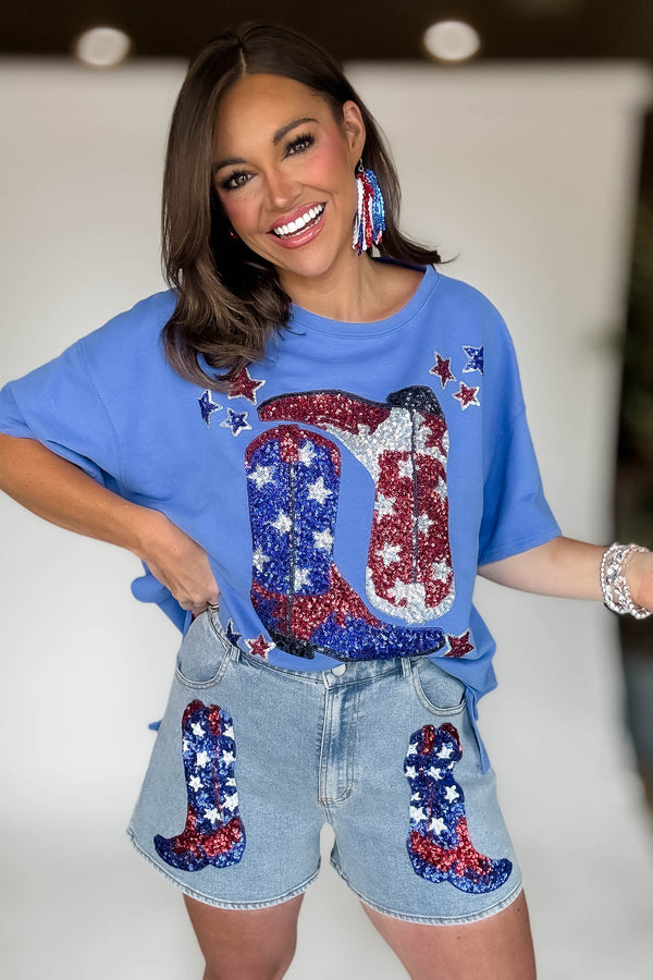 Front Pocket Graphic Sequins Patriotic Denim Short