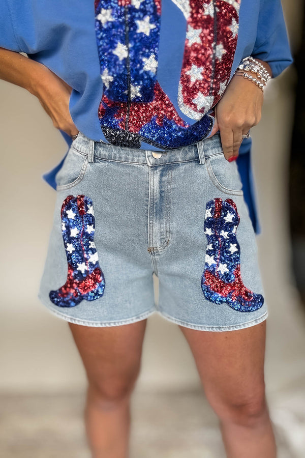 Front Pocket Graphic Sequins Patriotic Denim Short