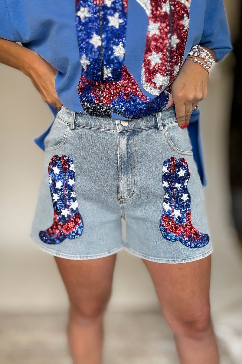 Front Pocket Graphic Sequins Patriotic Denim Short