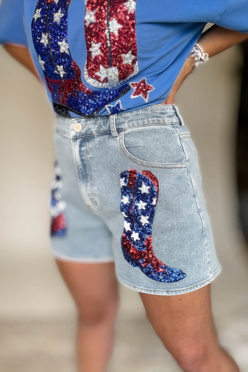 Front Pocket Graphic Sequins Patriotic Denim Short