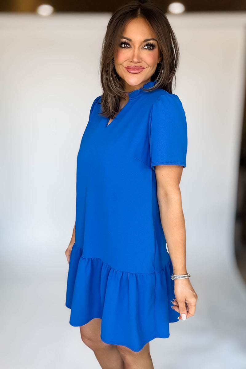 Solid Cobalt Ruffle Neck Dress