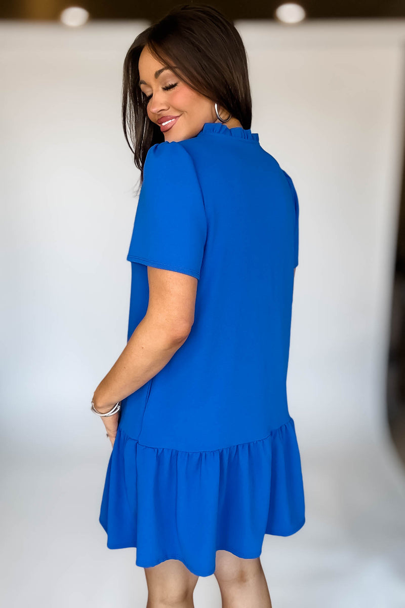 Solid Cobalt Ruffle Neck Dress