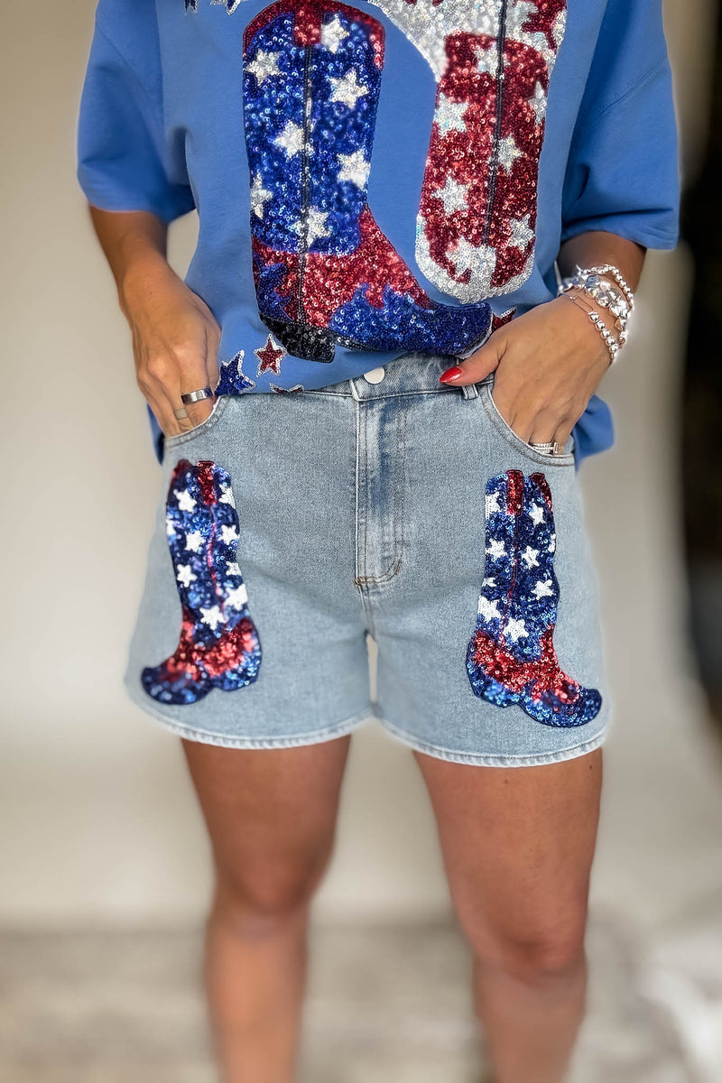 Front Pocket Graphic Sequins Patriotic Denim Short