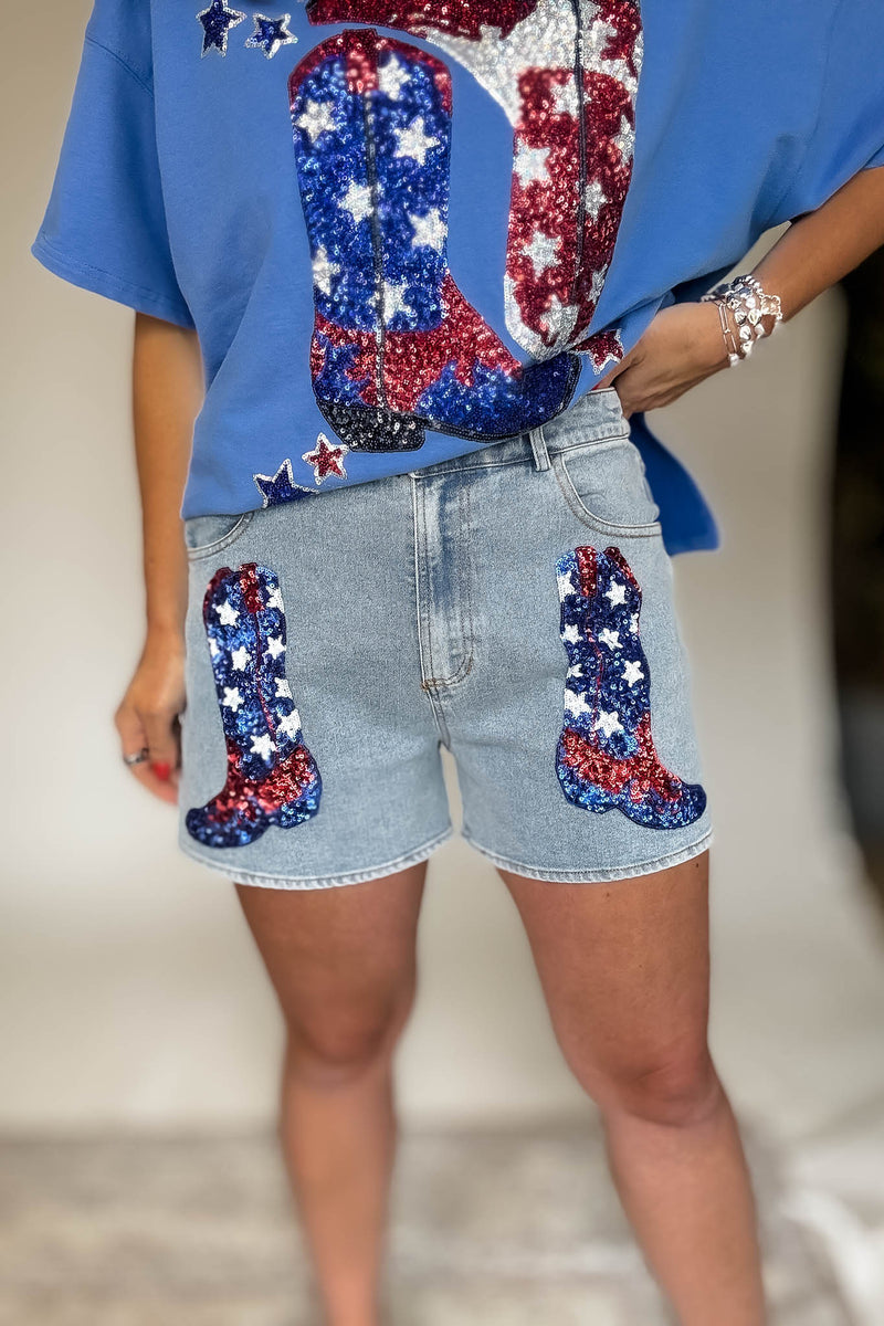 Front Pocket Graphic Sequins Patriotic Denim Short