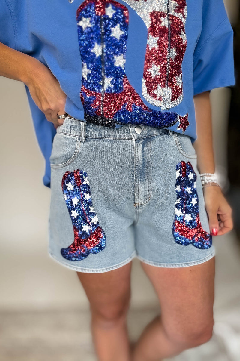 Front Pocket Graphic Sequins Patriotic Denim Short