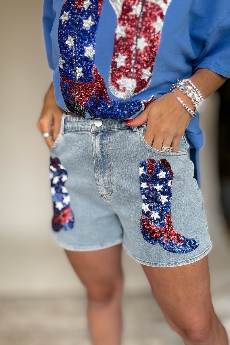 Front Pocket Graphic Sequins Patriotic Denim Short