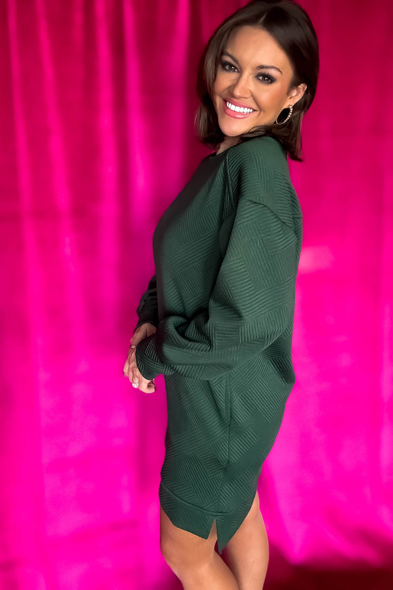 Quilted Double Green Knit Round-Neck Shift Mini Dress
