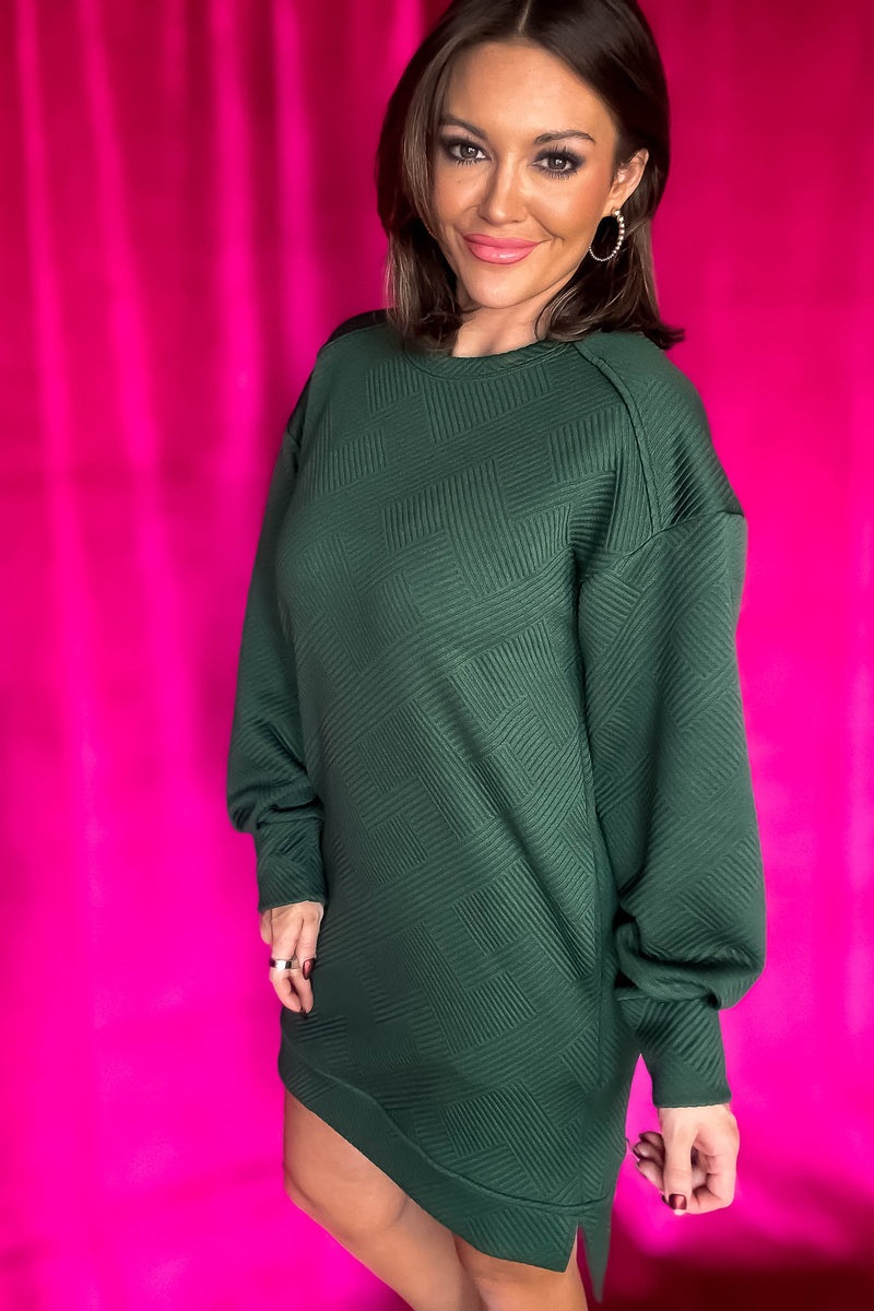 Quilted Double Green Knit Round-Neck Shift Mini Dress