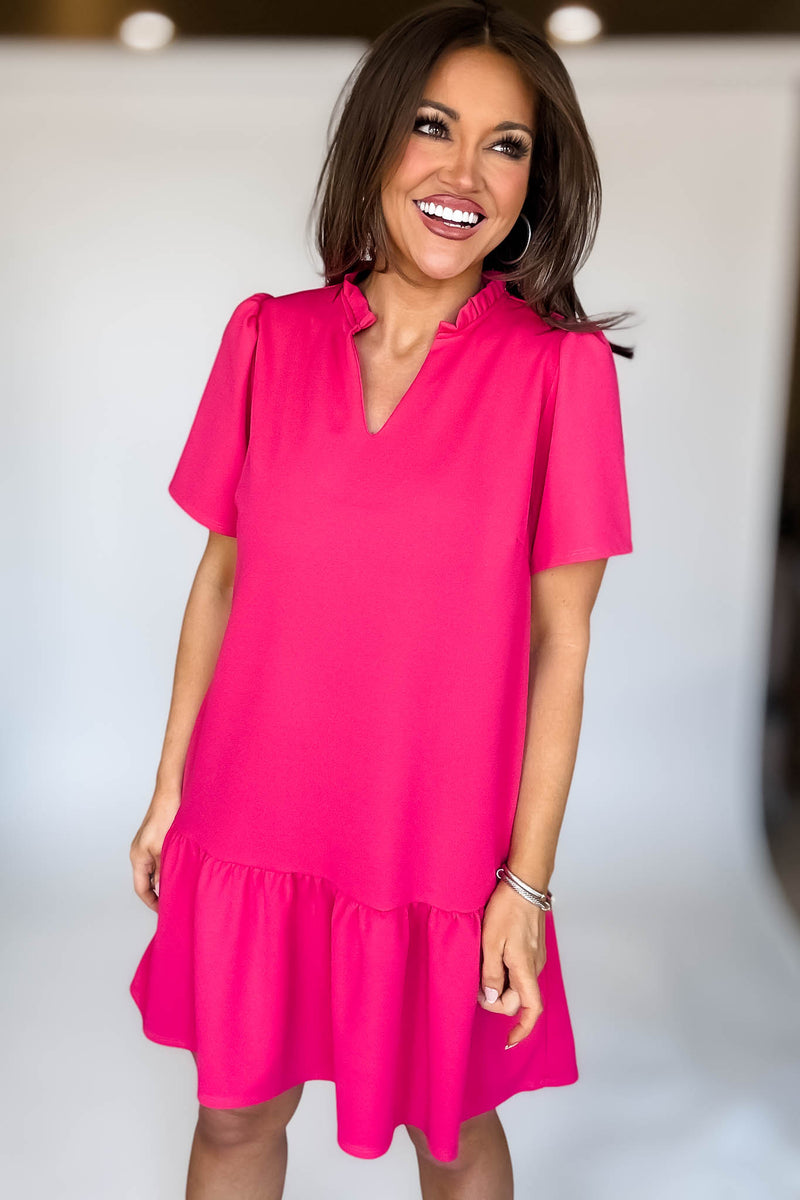 Solid Raspberry Ruffle Neck Dress