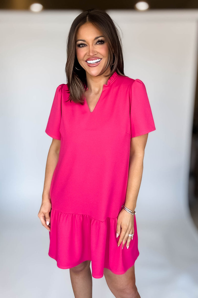 Solid Raspberry Ruffle Neck Dress