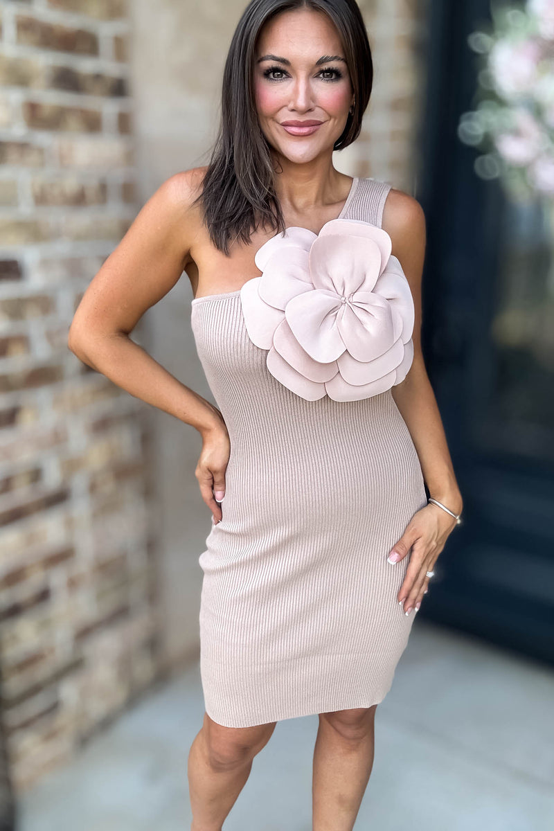 Sleeveless Taupe One Shoulder Flower Bodycon Mini Dress