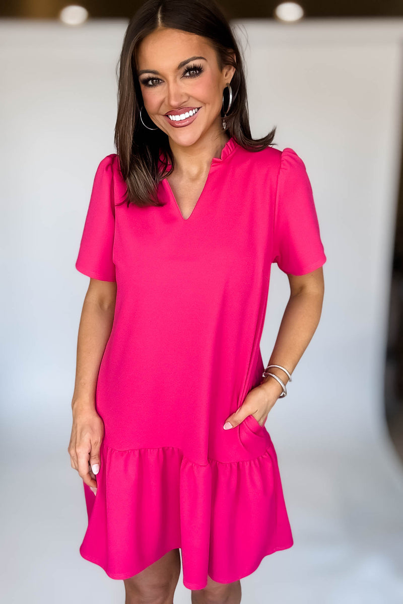 Solid Raspberry Ruffle Neck Dress