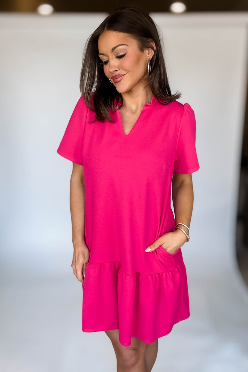 Solid Raspberry Ruffle Neck Dress