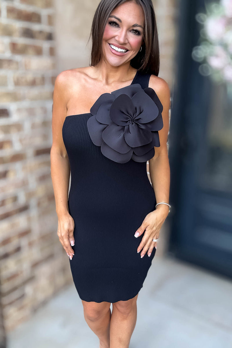 Sleeveless Black One Shoulder Flower Bodycon Mini Dress