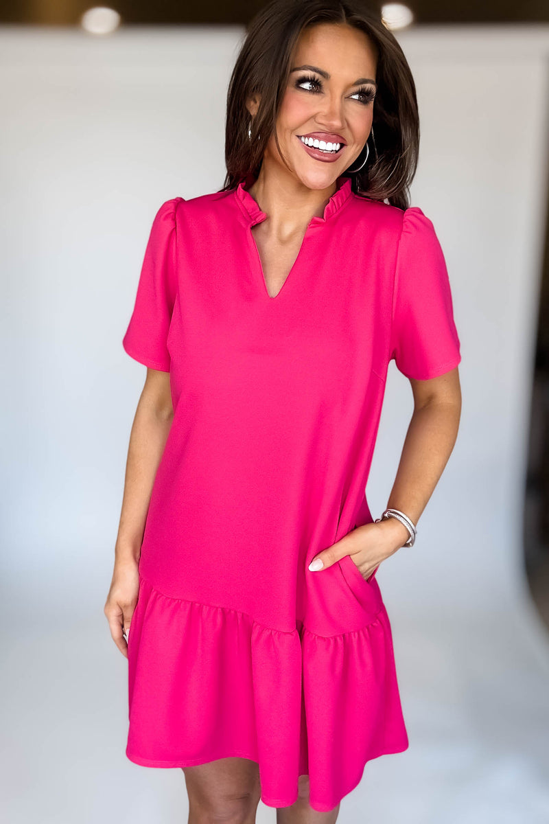 Solid Raspberry Ruffle Neck Dress
