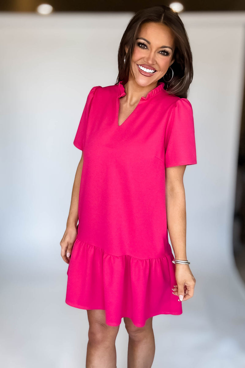 Solid Raspberry Ruffle Neck Dress