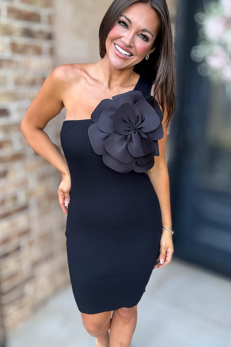 Sleeveless Black One Shoulder Flower Bodycon Mini Dress