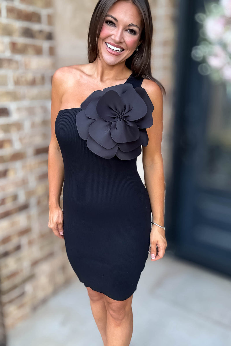 Sleeveless Black One Shoulder Flower Bodycon Mini Dress
