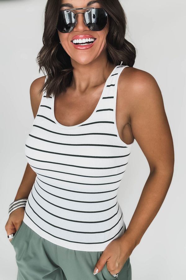 Classic Seamless White And Moss Ribbed Tank Top