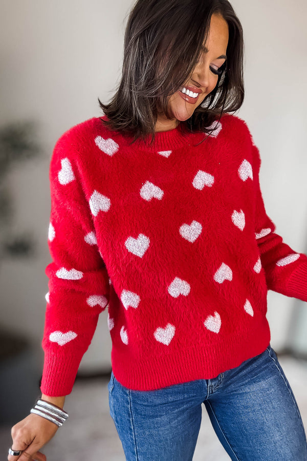 Red Furry Heart Sweater