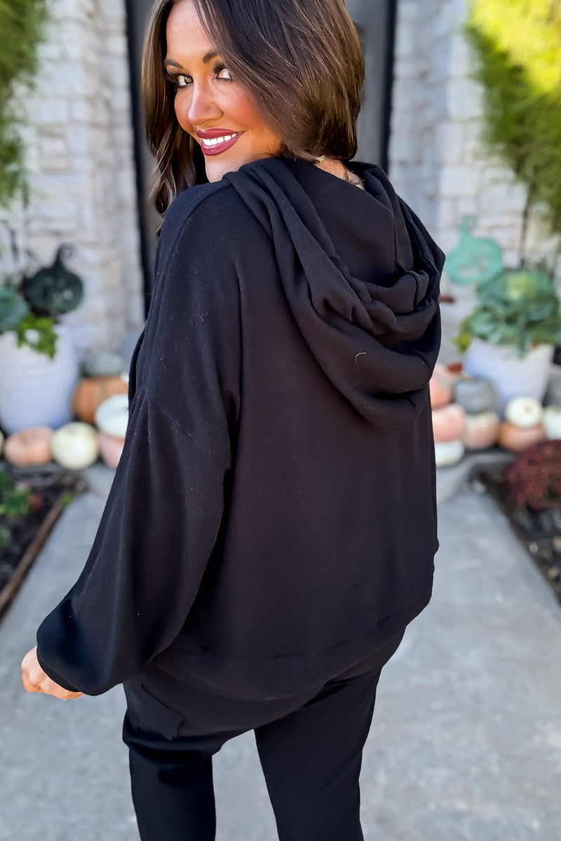 Seeing Clearly Black Drawstring Hoodie Brushed Knit Top