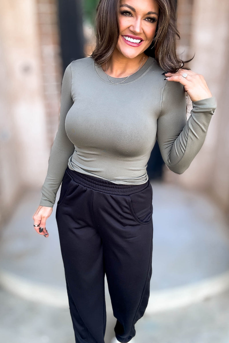 Give It A Rest Olive Smooth Crew Neck Longsleeve Top