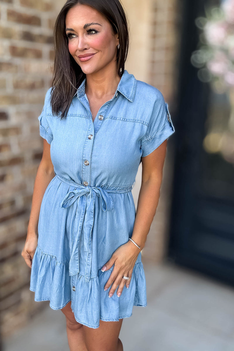 Chambray Ruffle Hem Belted Mini Shirt Dress