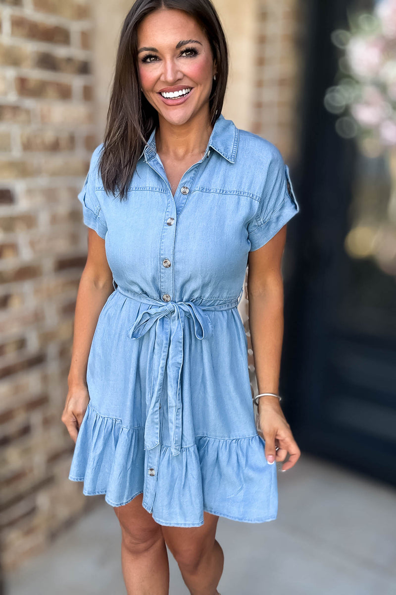 Chambray Ruffle Hem Belted Mini Shirt Dress