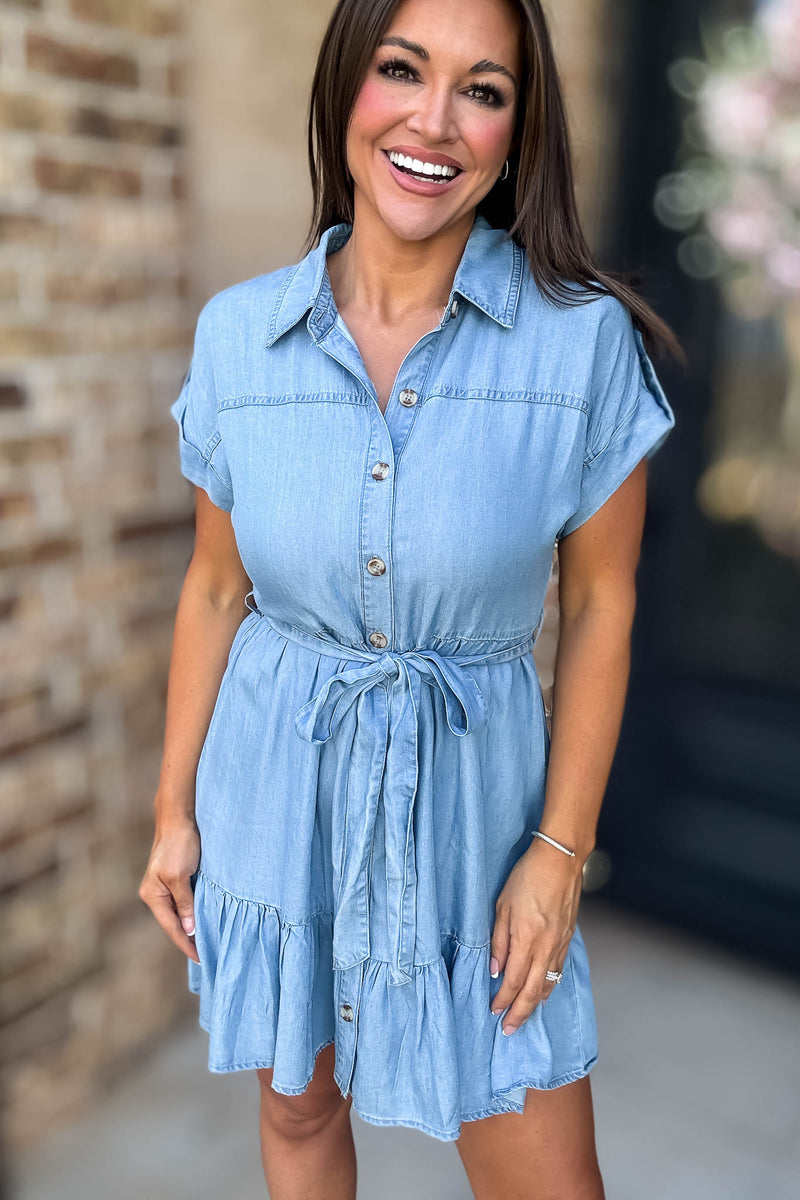 Chambray Ruffle Hem Belted Mini Shirt Dress
