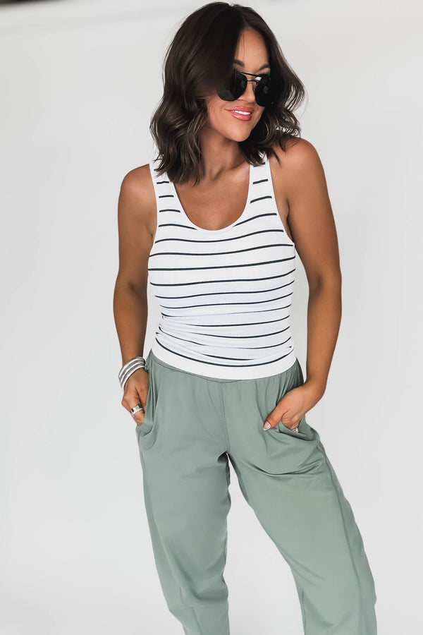 Classic Seamless White And Moss Ribbed Tank Top
