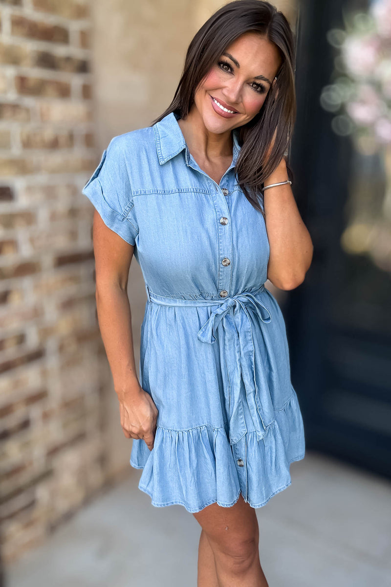 Chambray Ruffle Hem Belted Mini Shirt Dress