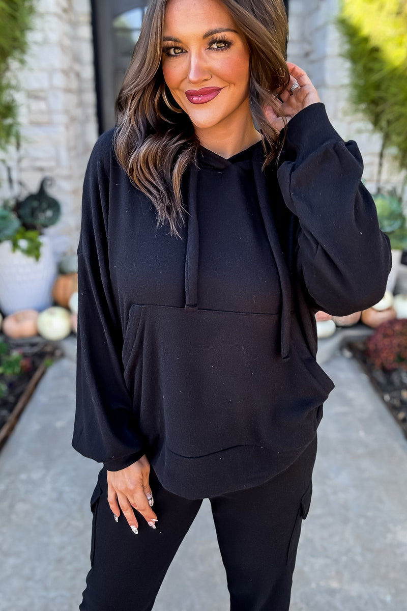 Seeing Clearly Black Drawstring Hoodie Brushed Knit Top