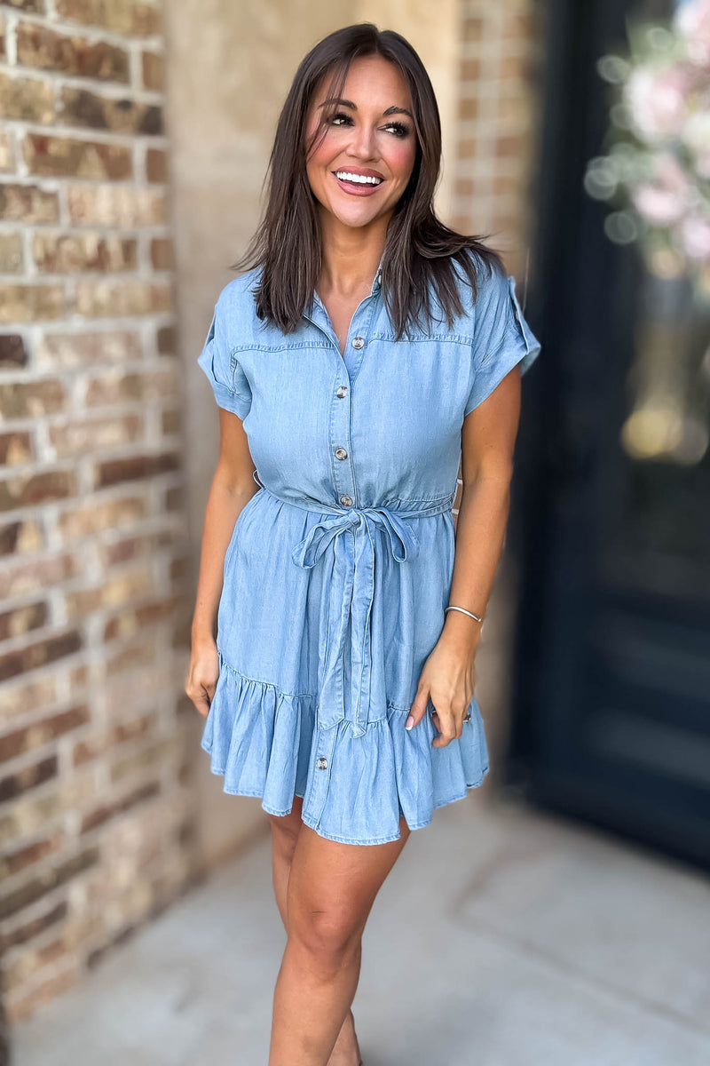 Chambray Ruffle Hem Belted Mini Shirt Dress
