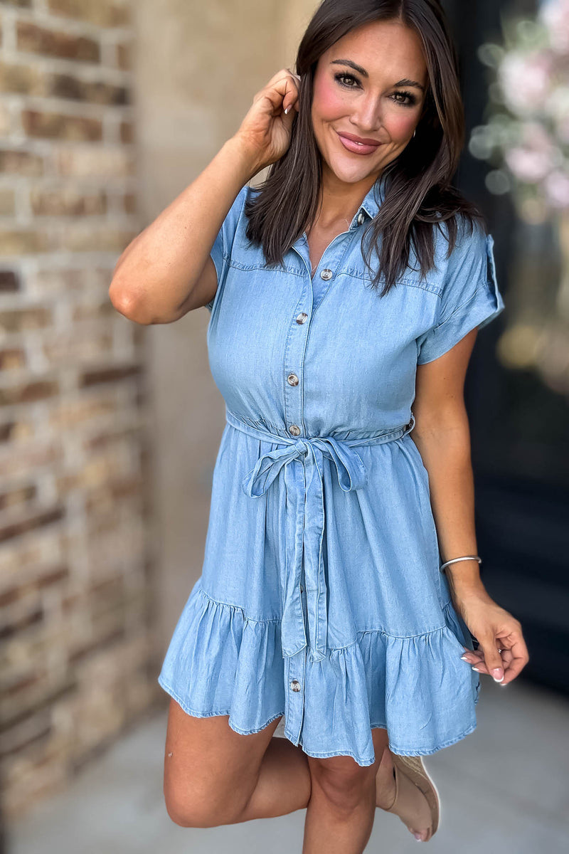 Chambray Ruffle Hem Belted Mini Shirt Dress