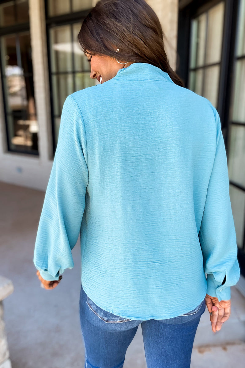 Live Your Life Dusty Teal Woven Airflow V-Neck Long Sleeve Top